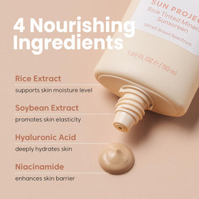 Rice extract imagery accompanies THANKYOU FARMER Sun Project for even skin tone.