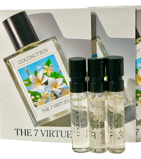 The 7 Virtues Coconut Sun 3-pack display, compact fragrance showcase.