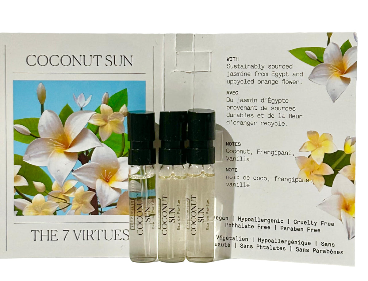 The 7 Virtues Coconut Sun label detail on each vial.