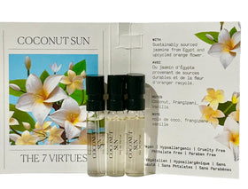 The 7 Virtues Coconut Sun label detail on each vial.