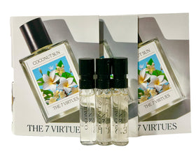 The 7 Virtues Coconut Sun sample bottle close-up, ideal for travel testing.