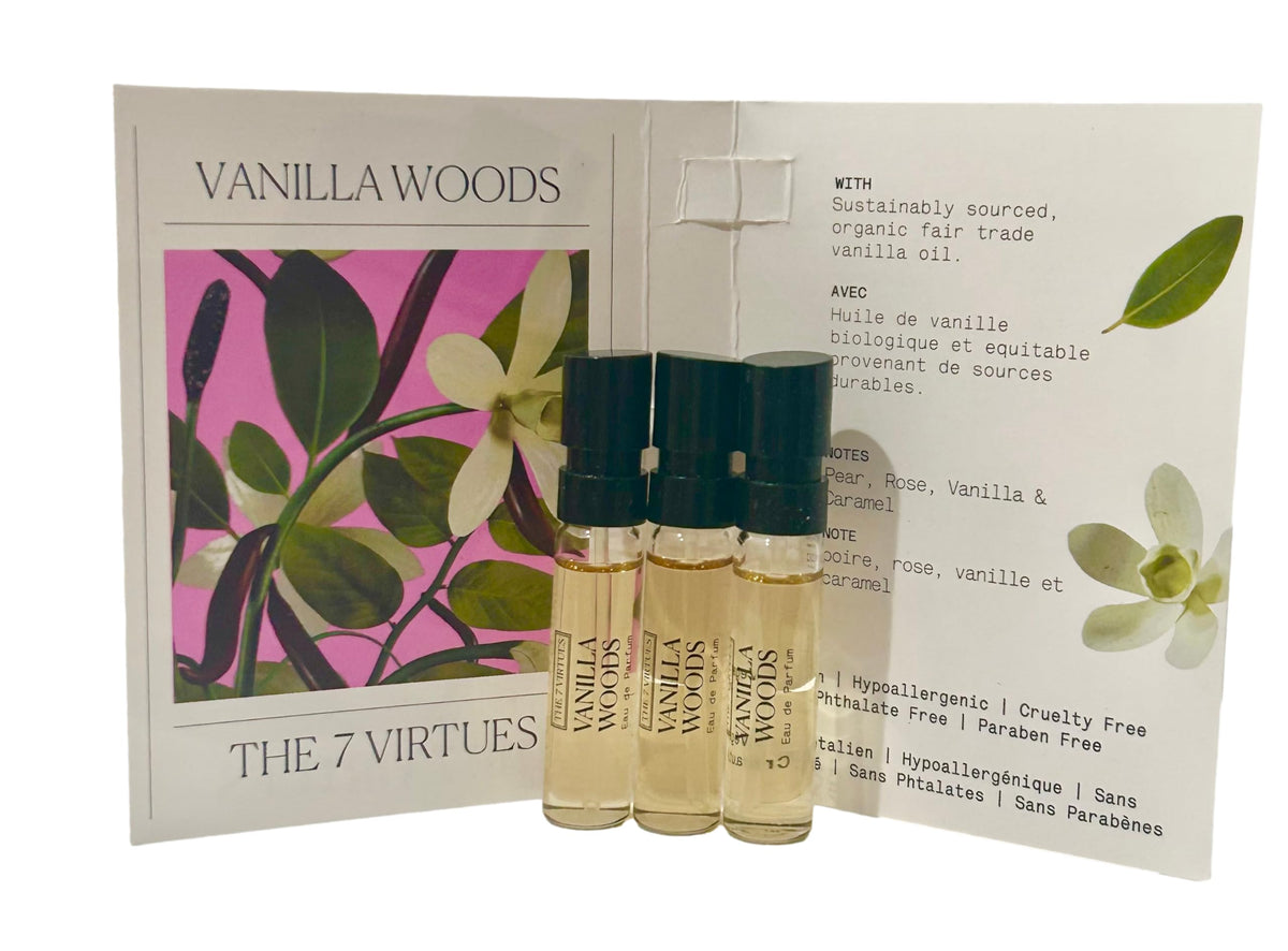 Close-up of Vanilla Woods sample perfume by The 7 Virtues for on-the-go testing.
