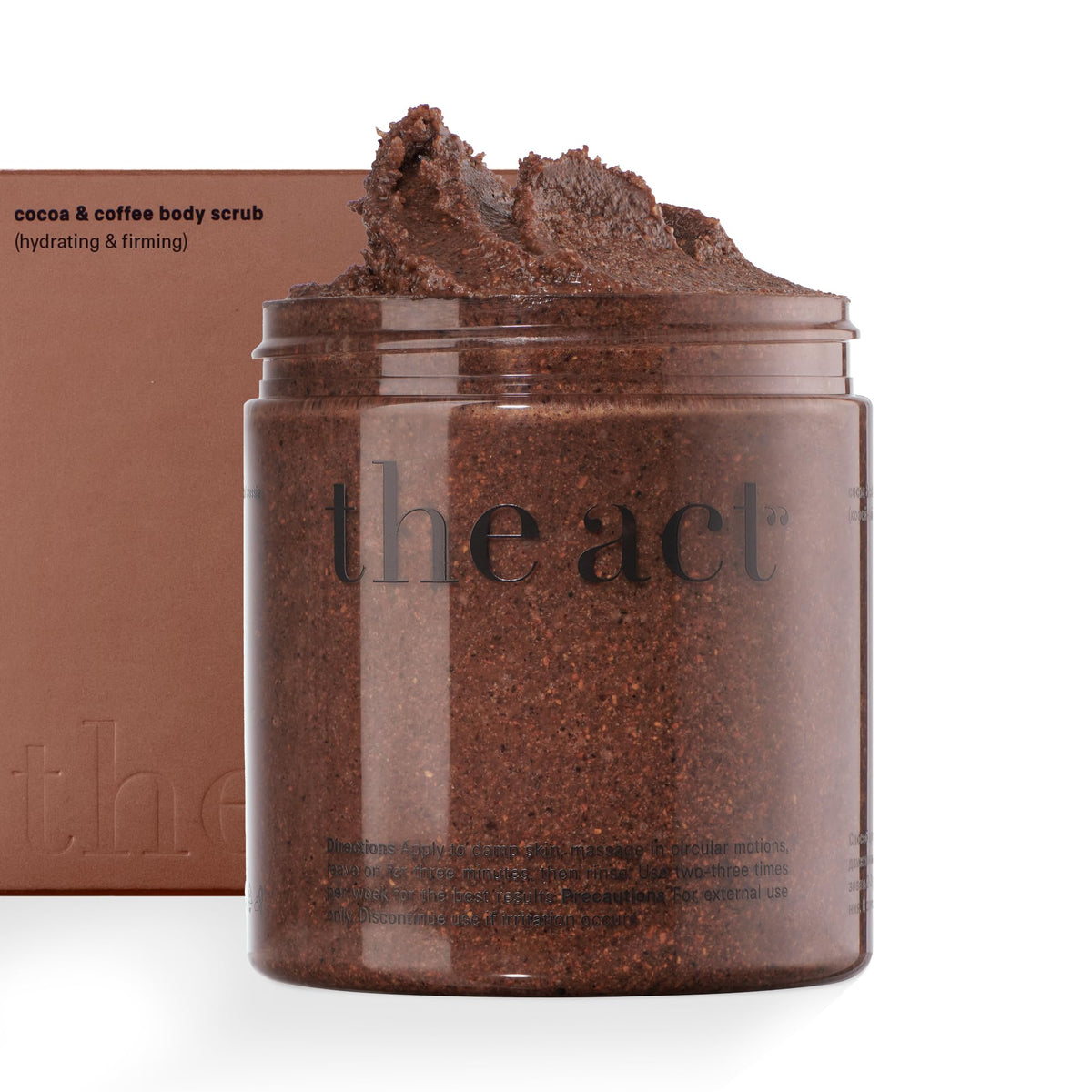 The Act Coffee Body Scrub bottle shows salt and cocoa for exfoliation.