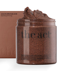 The Act Coffee Body Scrub bottle shows salt and cocoa for exfoliation.