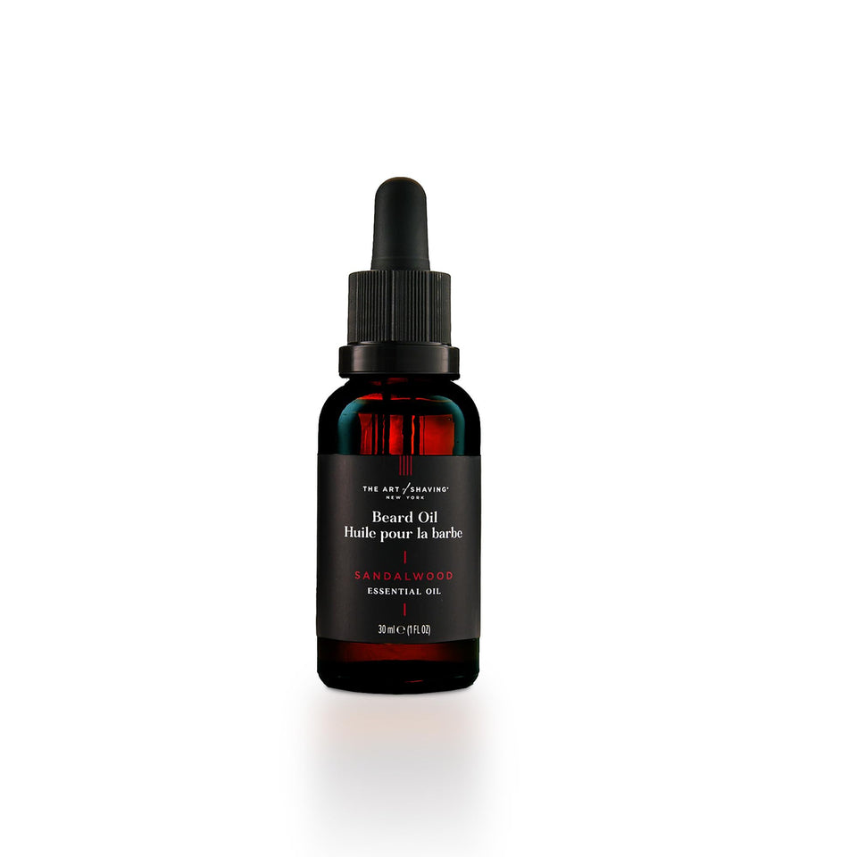 The Art of Shaving Beard Oil bottle highlighting sandalwood formula for smooth, hydrated beard.