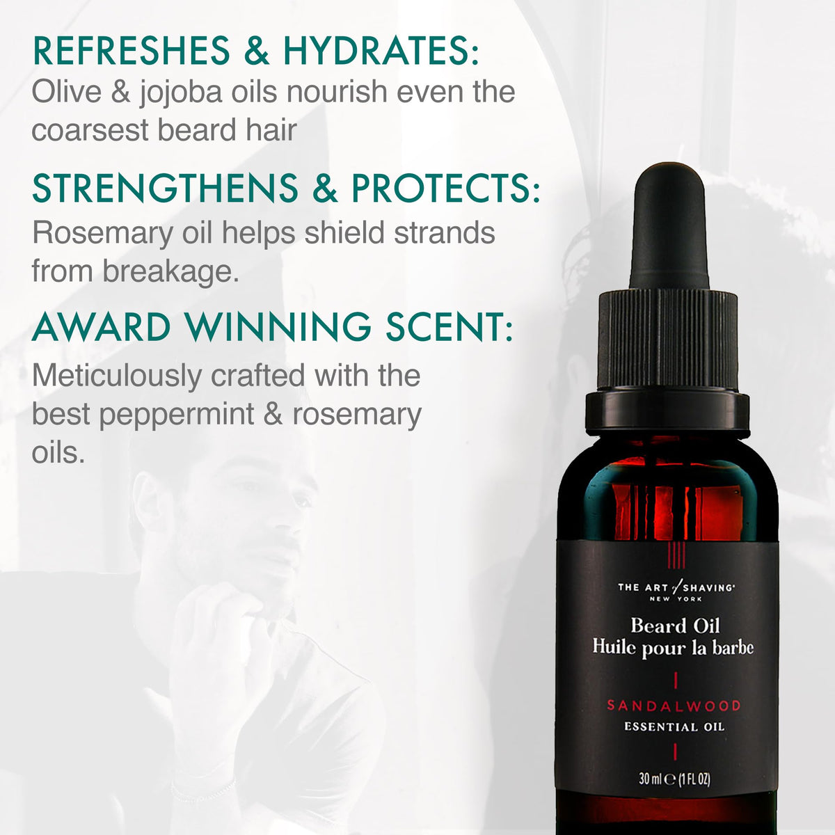 The Art of Shaving Beard Oil dropper releasing lightweight oil to tame unruly hair.