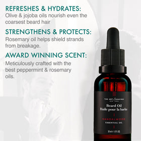 The Art of Shaving Beard Oil dropper releasing lightweight oil to tame unruly hair.