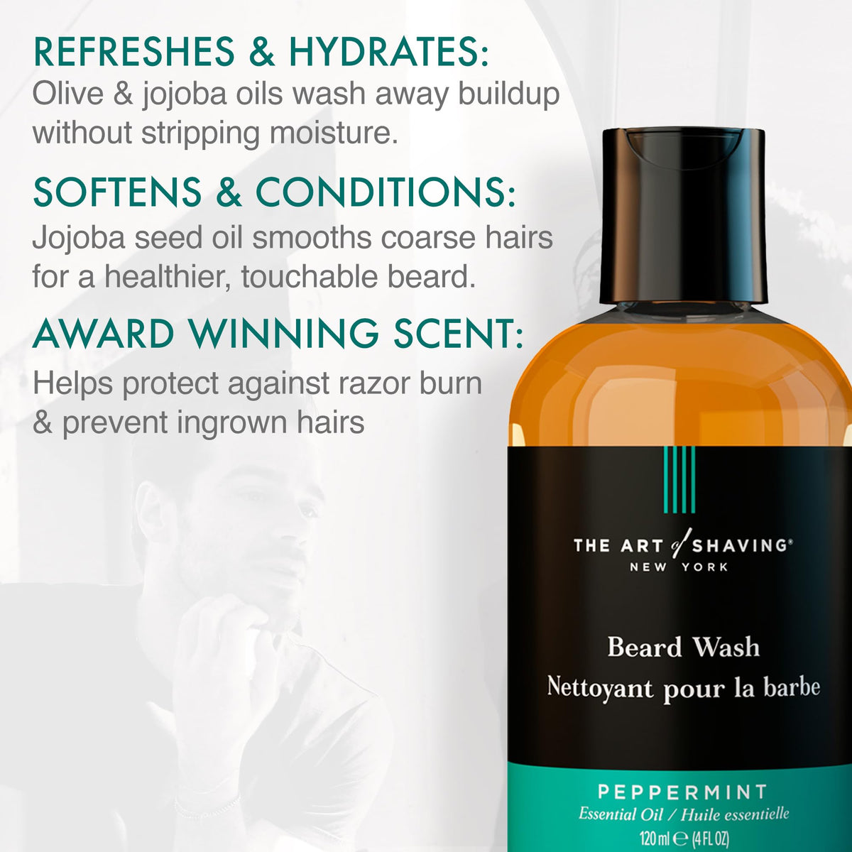 The Art of Shaving Peppermint Beard Wash foam lather demonstrates cleansing action for beard hair.