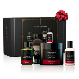The Art of Shaving Sandalwood kit packaging showcases gift-ready presentation for a refined grooming ritual.