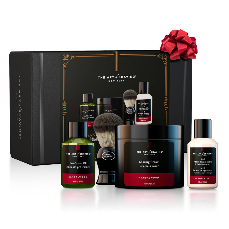 The Art of Shaving Sandalwood kit packaging showcases gift-ready presentation for a refined grooming ritual.