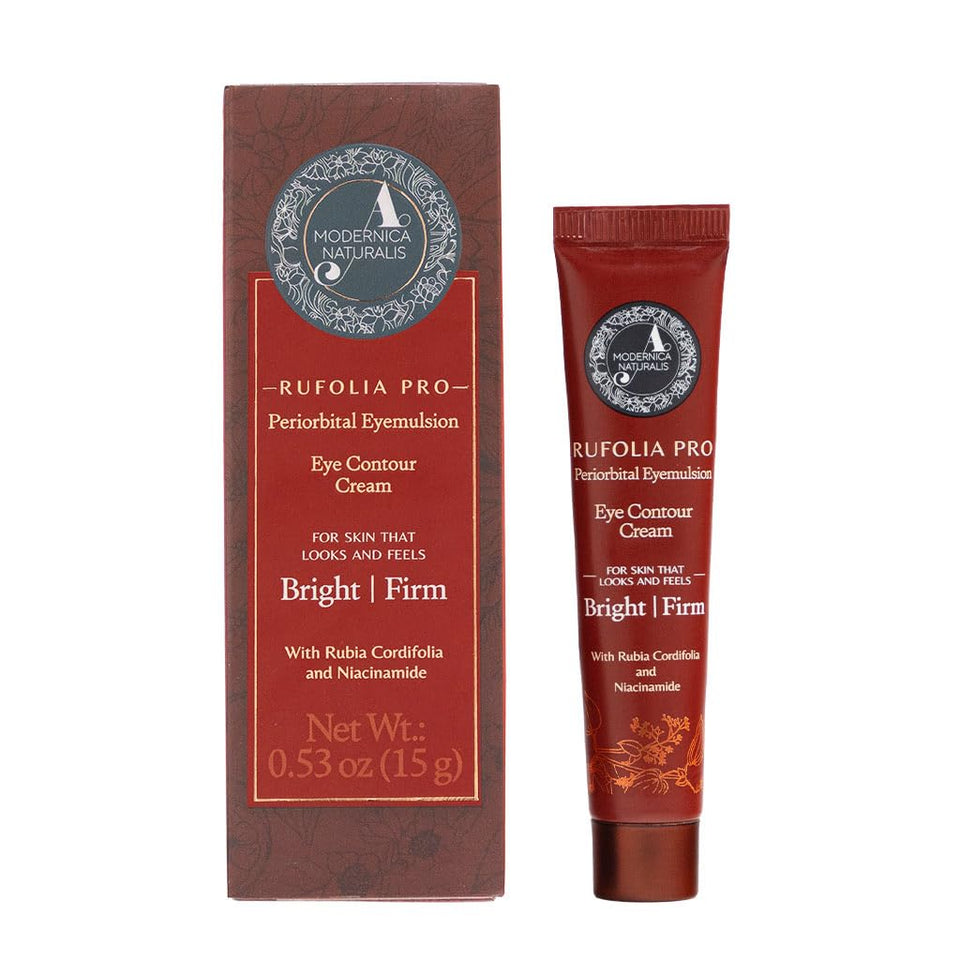 The Rufolia eye cream bottle demonstrates lightweight hydration for the eye area.
