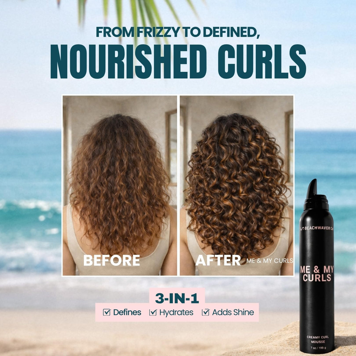 Me & My Curls mousse applied to damp hair enhances texture and natural shine.
