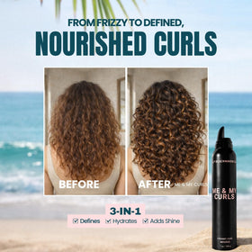Me & My Curls mousse applied to damp hair enhances texture and natural shine.