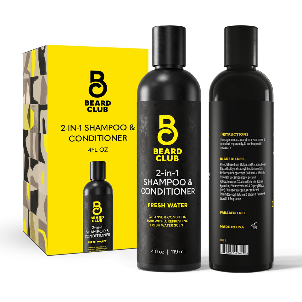 The Beard Club 2-in-1 bottle pour highlights sulfate free cleansing.