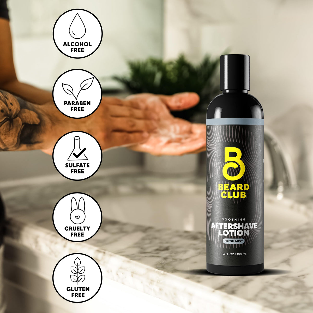 The Beard Club aftershave three-pack display emphasizes convenient daily use.