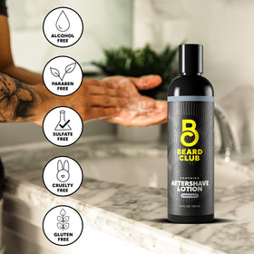 The Beard Club aftershave three-pack display emphasizes convenient daily use.