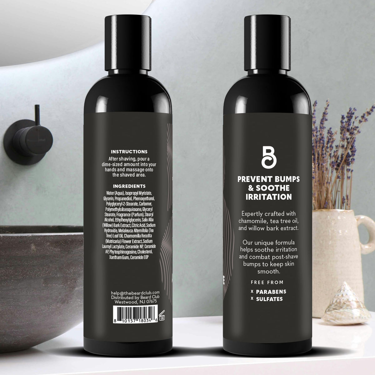 The Beard Club aftershave bottle close-up showcases sleek packaging and cap.