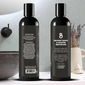 The Beard Club aftershave bottle close-up showcases sleek packaging and cap.