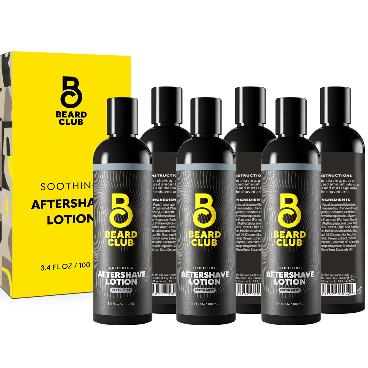 The Beard Club aftershave bottle resting on a bathroom counter showing a soothing, non-greasy formula.