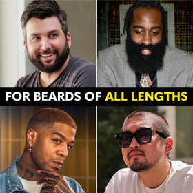 Hands applying balm to beard for styling and conditioning