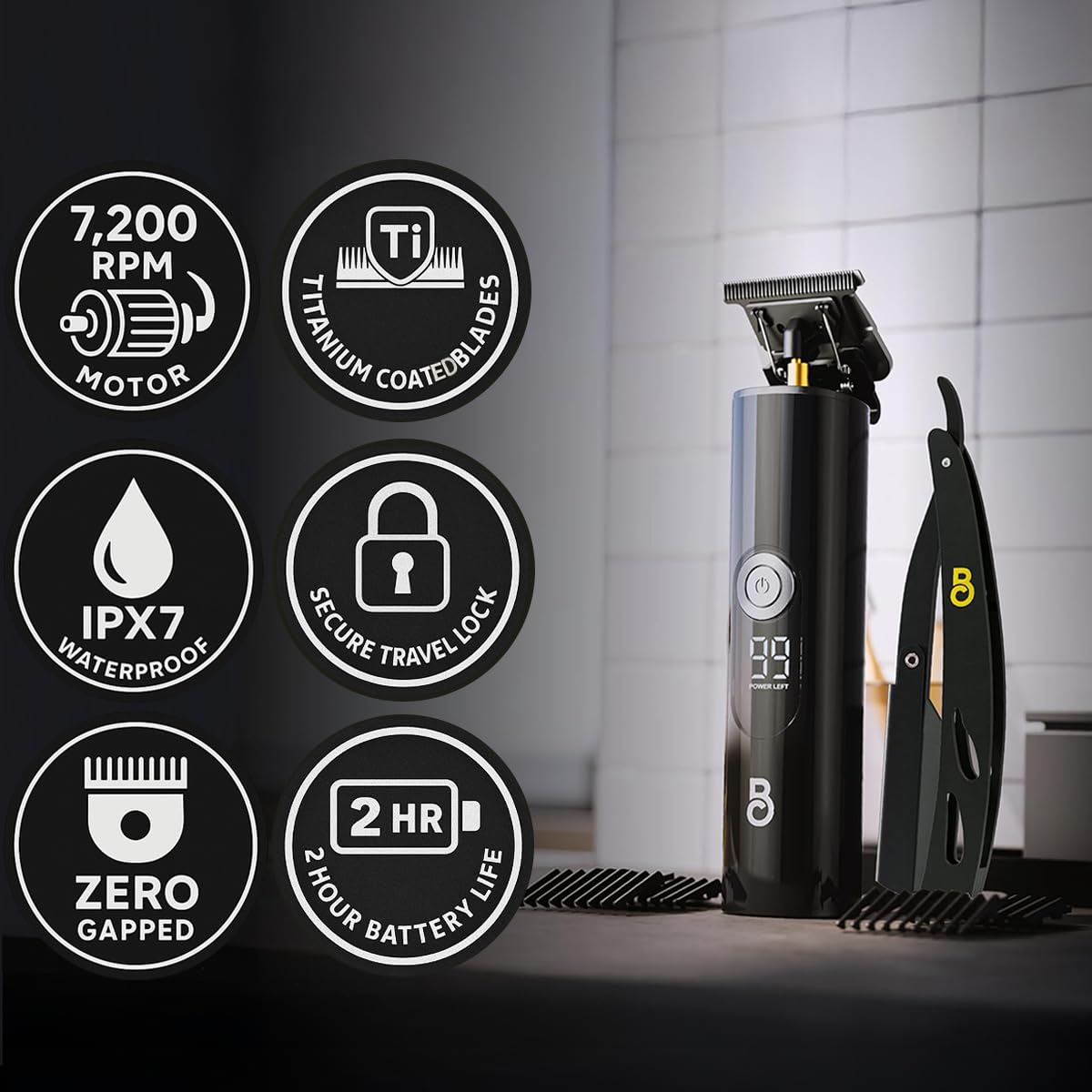 The Beard Club LED display trimmer shows battery life at a glance for quick grooming