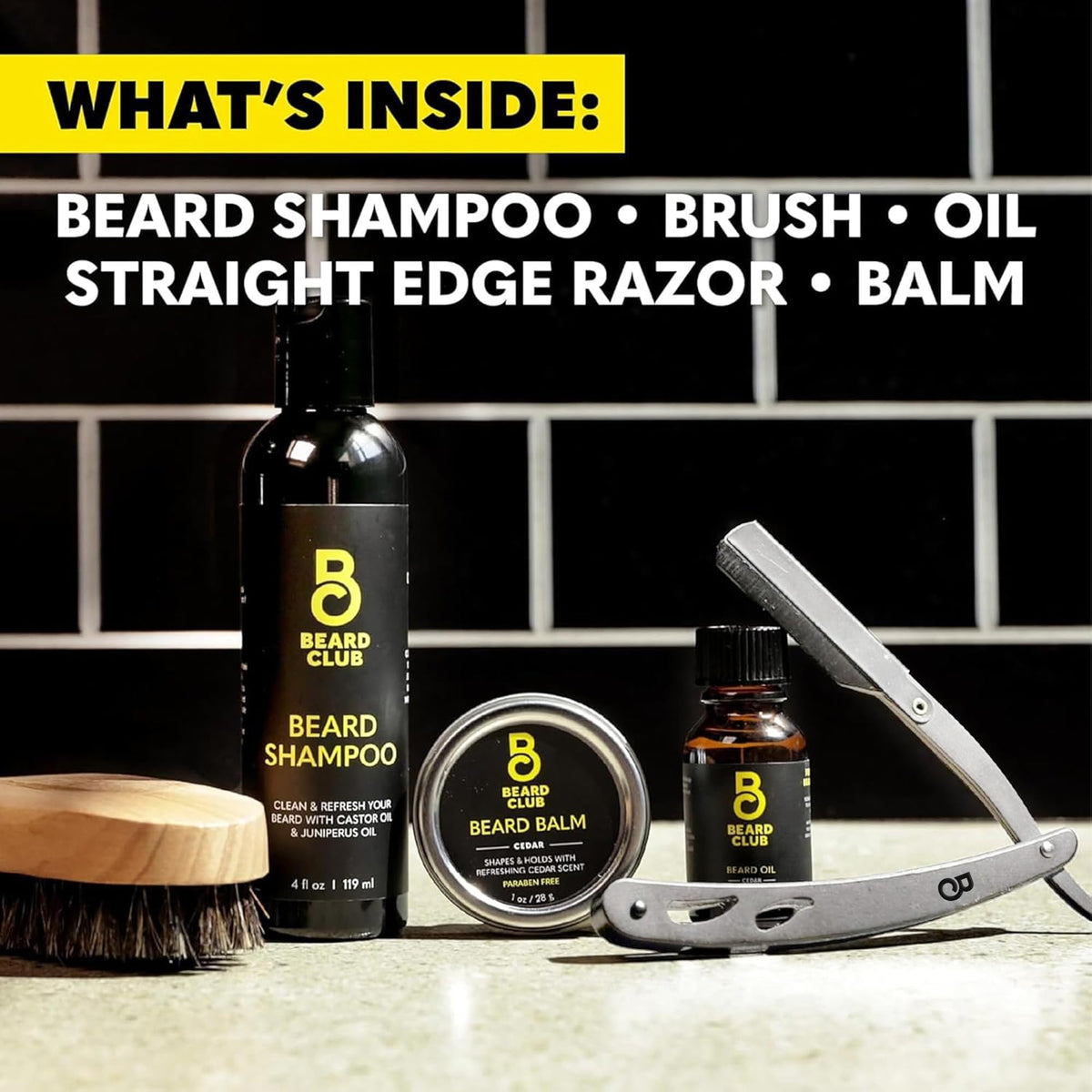 The Beard Club lifestyle shot shows confident grooming with premium tools