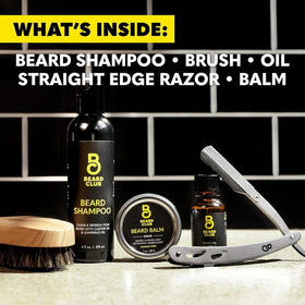 The Beard Club lifestyle shot shows confident grooming with premium tools