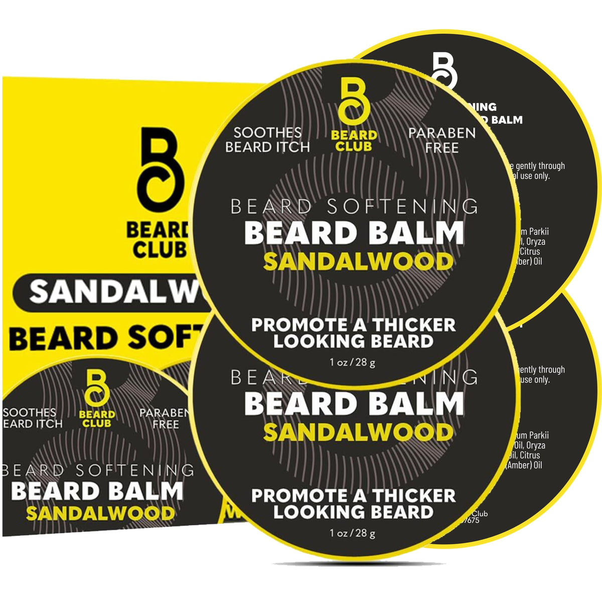 The Beard Club Sandalwood Balm bottle shows easy grooming and conditioning benefits.