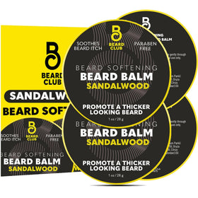 The Beard Club Sandalwood Balm bottle shows easy grooming and conditioning benefits.
