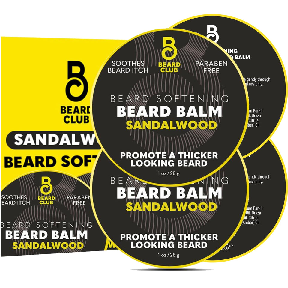The Beard Club Sandalwood Balm bottle shows easy grooming and conditioning benefits.
