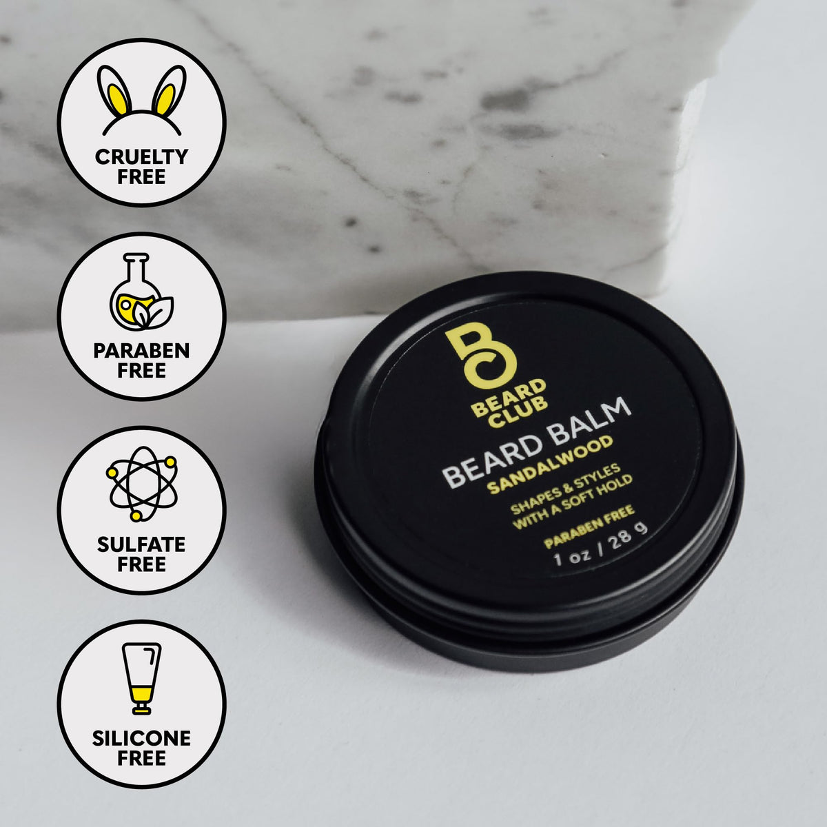 The Beard Club Sandalwood Balm closeup highlights natural ingredients and smooth feel.