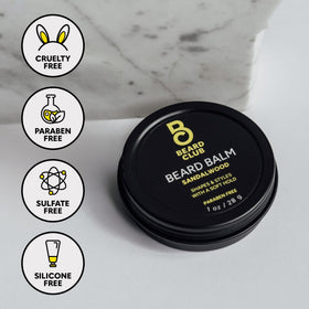 The Beard Club Sandalwood Balm closeup highlights natural ingredients and smooth feel.