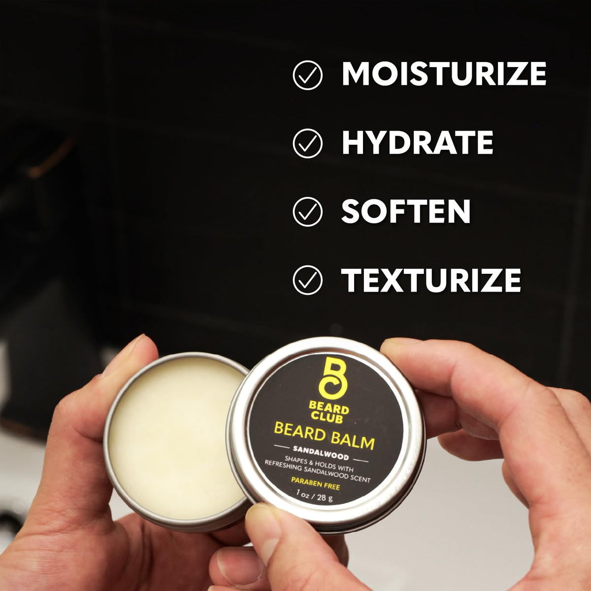 The Beard Club Sandalwood Balm in hands demonstrates even spread and quick absorption.