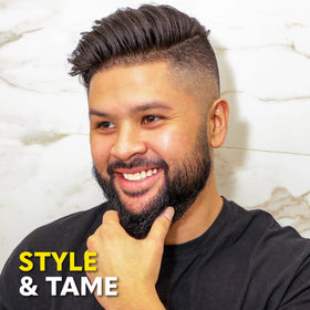 The Beard Club Sandalwood Balm styling finish offers subtle control.