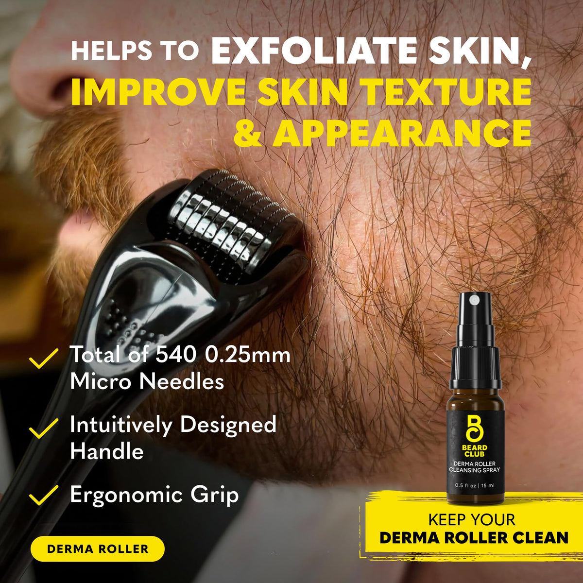 Beard Club cleansing spray bottle to sanitize the derma roller after sessions.