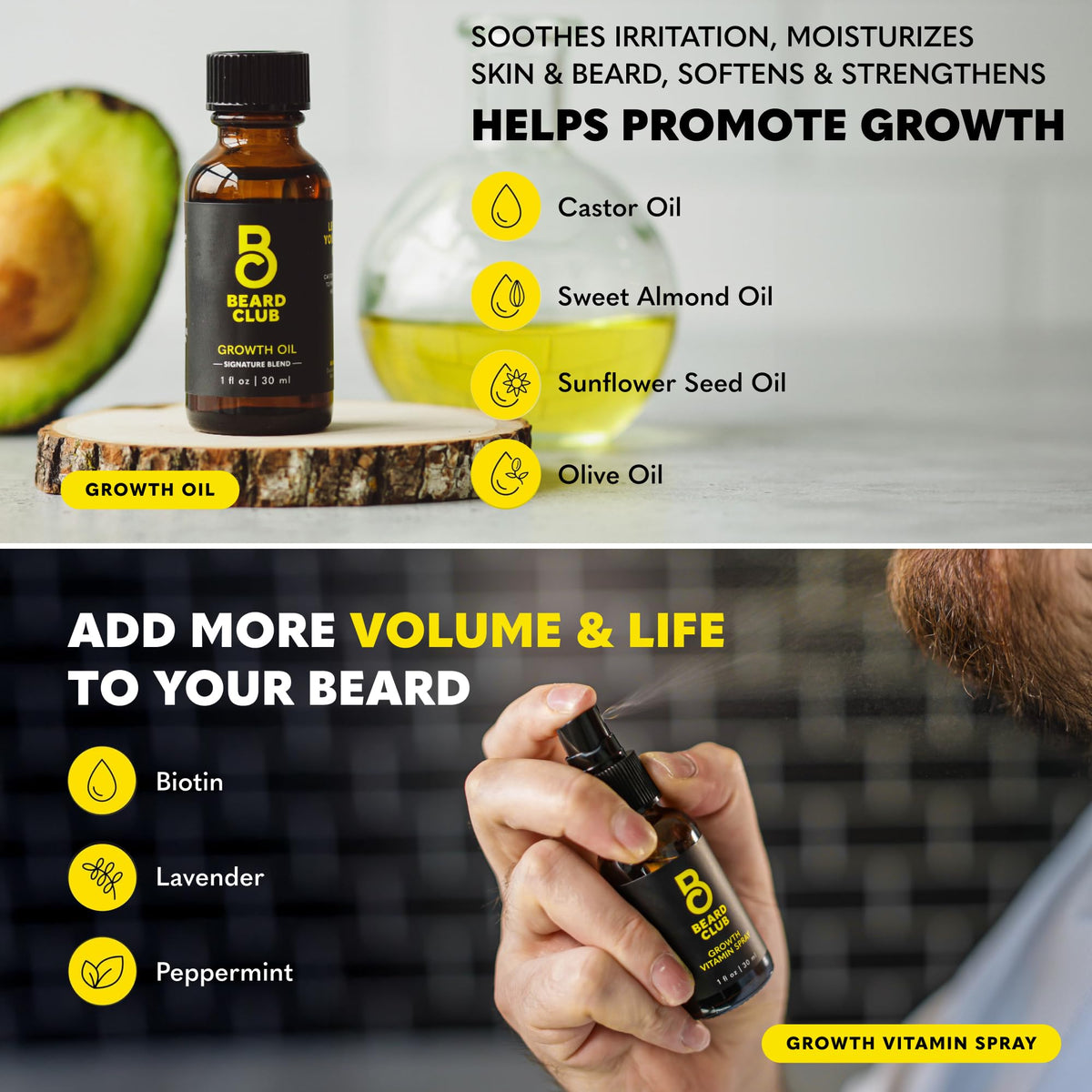 The Beard Club Growth Oil bottle for nourishing roots and softer facial hair.