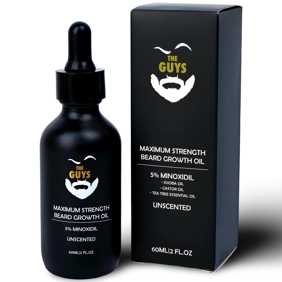 The Beard Guys 5% Minoxidil beard oil bottle ready for daily grooming.