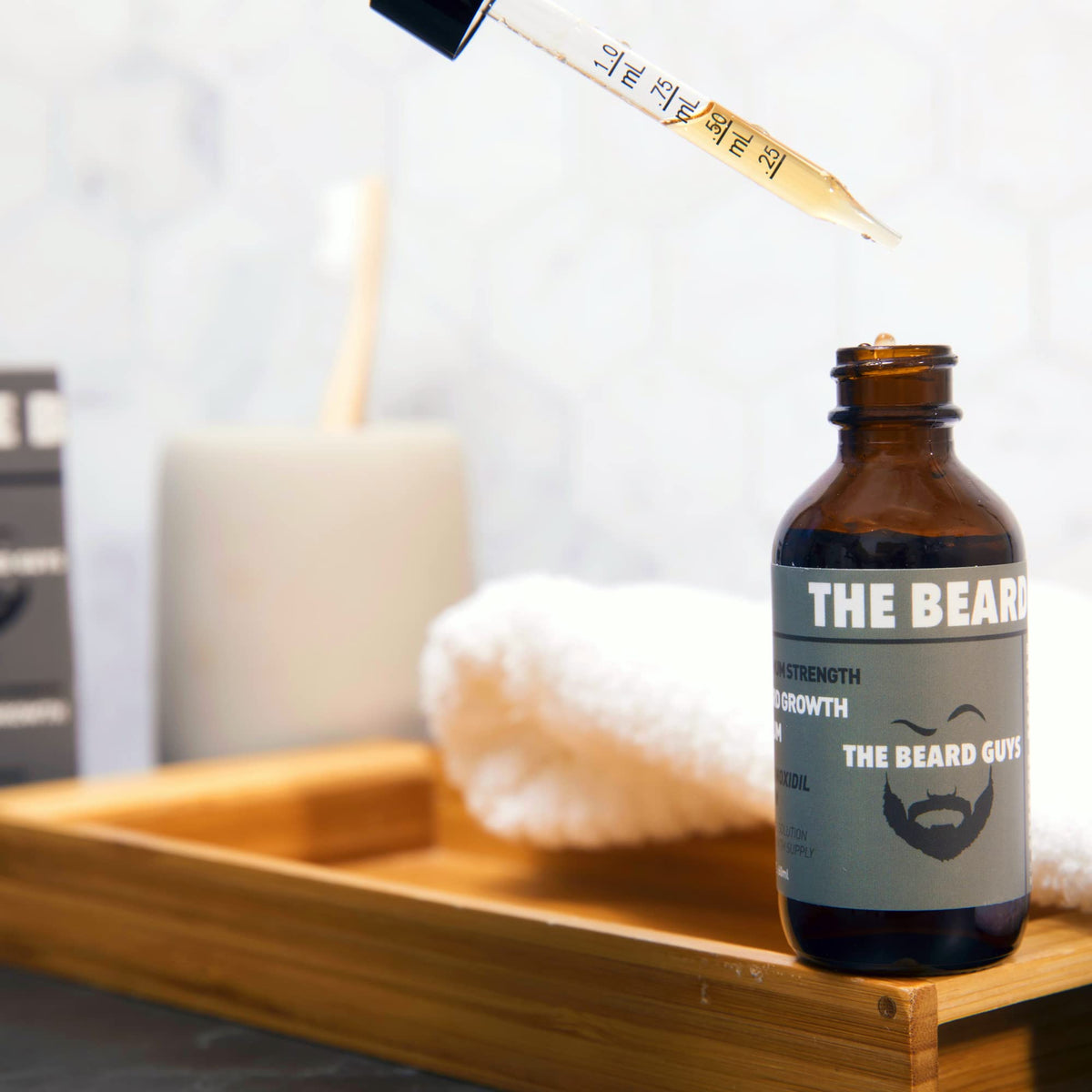 The Beard Guys oil used in daily grooming routine after shower.