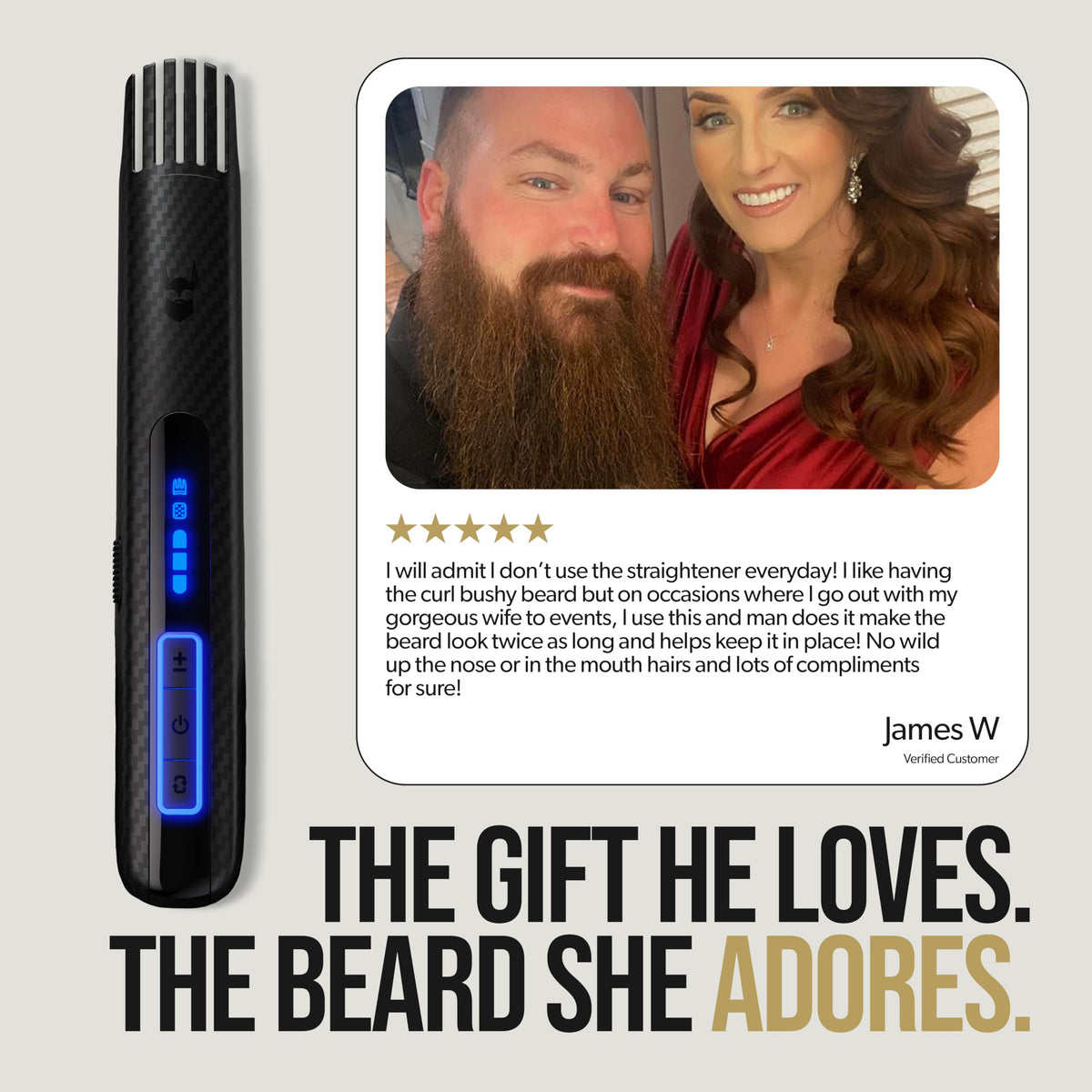 The Beard Struggle Carbon X heat settings display demonstrates adjustable temperature control.