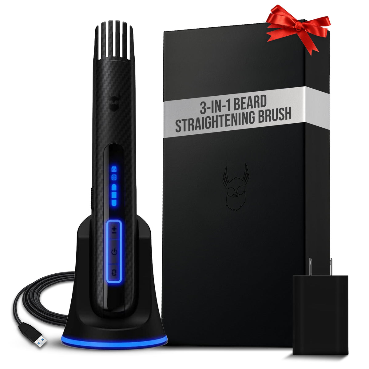 The Beard Struggle Carbon X heated brush closeup highlighting ionic anti-frizz technology.
