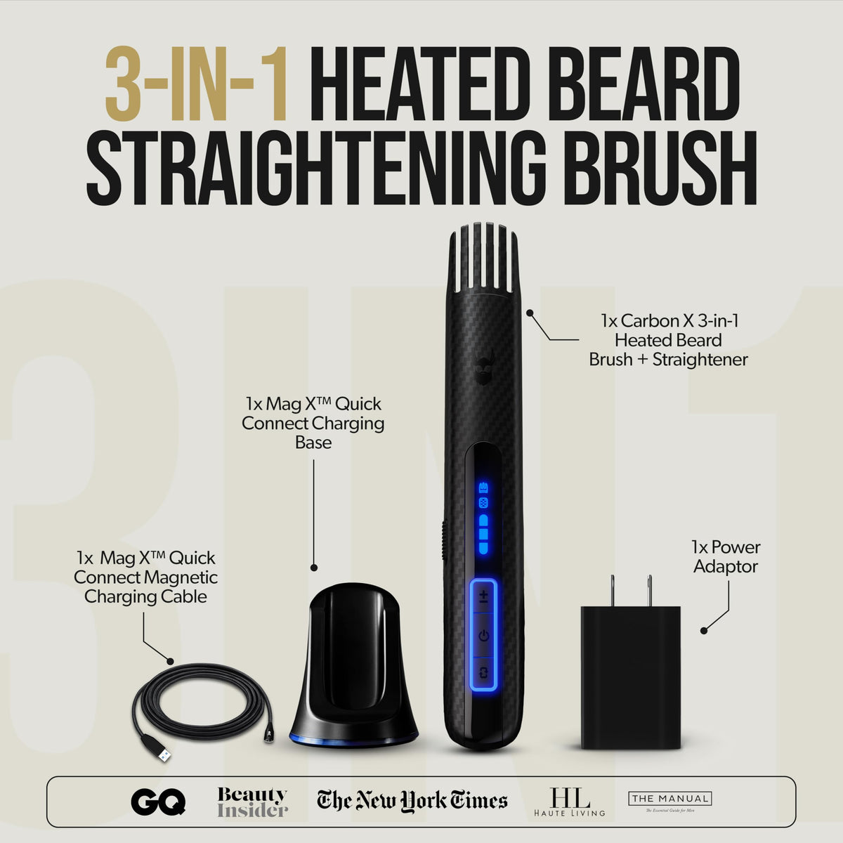 The Beard Struggle Carbon X heated brush in hand for quick on-the-go grooming.