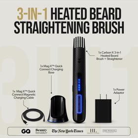The Beard Struggle Carbon X heated brush in hand for quick on-the-go grooming.