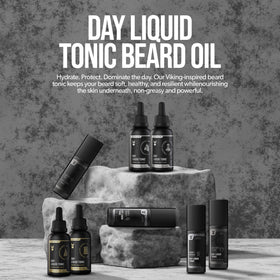 The Beard Struggle Day Liquid Tonic application shows quick absorption.