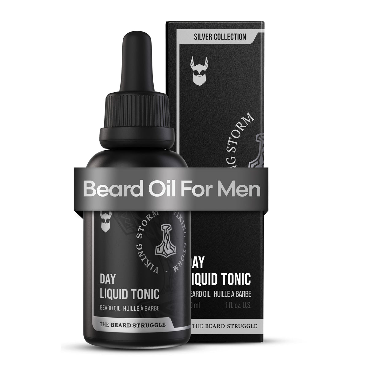 The Beard Struggle Day Liquid Tonic bottle featuring Viking Storm for moisturized skin.