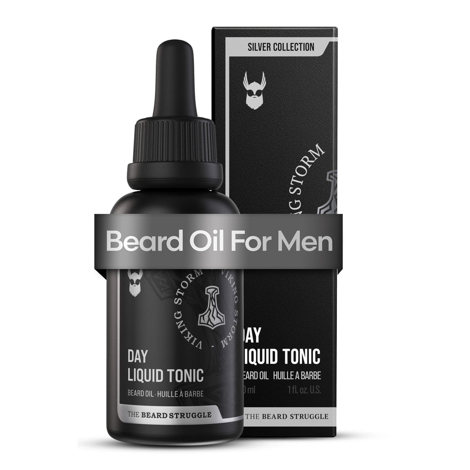 The Beard Struggle Day Liquid Tonic bottle featuring Viking Storm for moisturized skin.