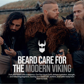 The Beard Struggle Day Liquid Tonic packaging with Viking Storm branding.