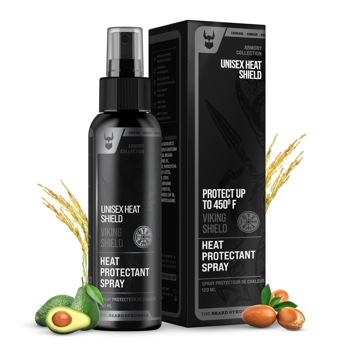 The Beard Struggle Viking Shield heat protectant spray bottle protects beard from heat