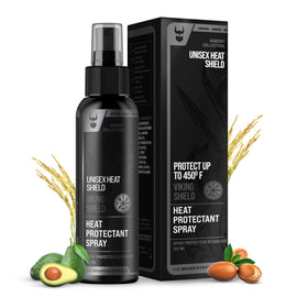 The Beard Struggle Viking Shield heat protectant spray bottle protects beard from heat