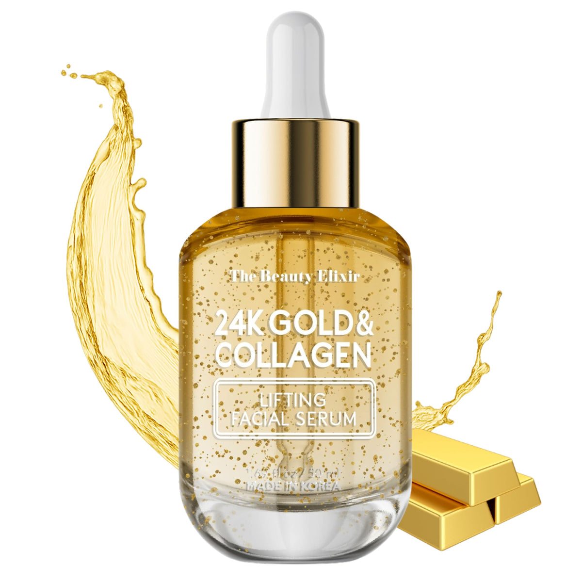 The Beauty Elixir 24K Gold serum bottle highlights premium anti-aging skincare.