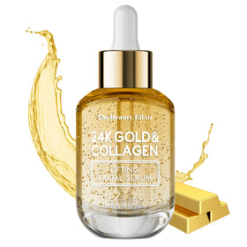 The Beauty Elixir 24K Gold serum bottle highlights premium anti-aging skincare.